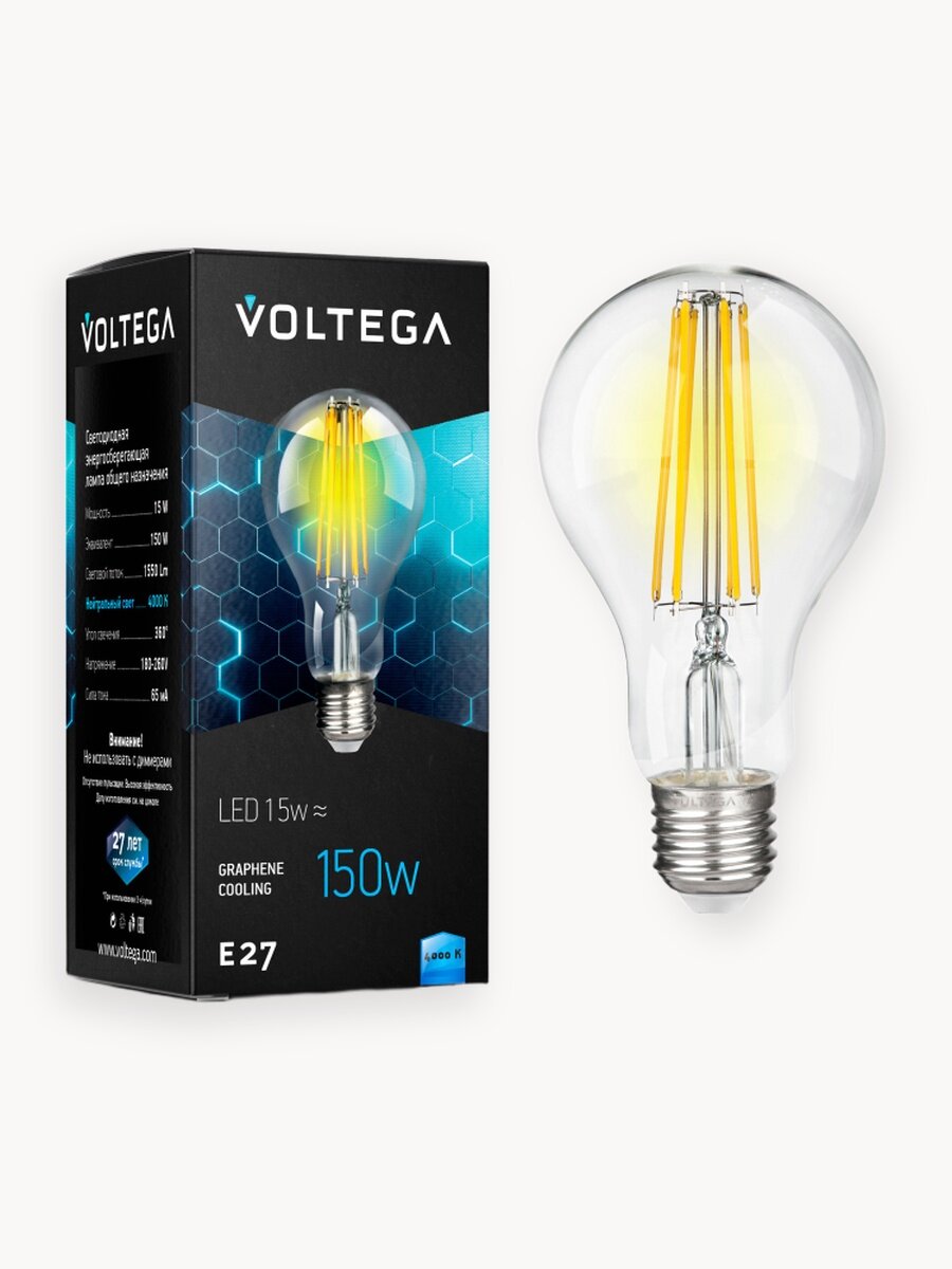 Лампочка светодиодная E27 форма груши 15W нейтральный белый Voltega Crystal Graphene A60 4000K 1 штука