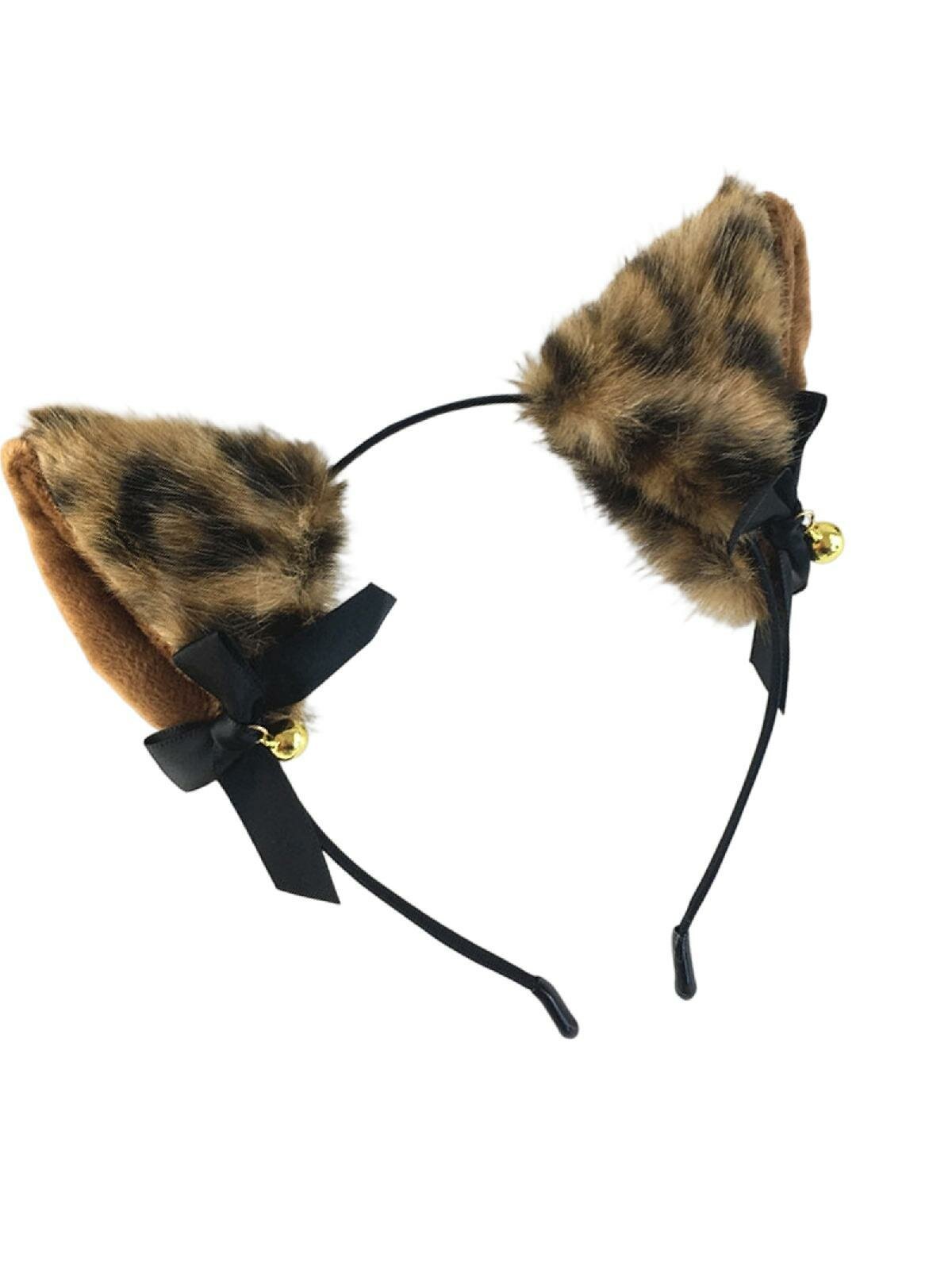 Уши кошачьи мохнатые с принтом леопарда и колокольчиками, Коричневый