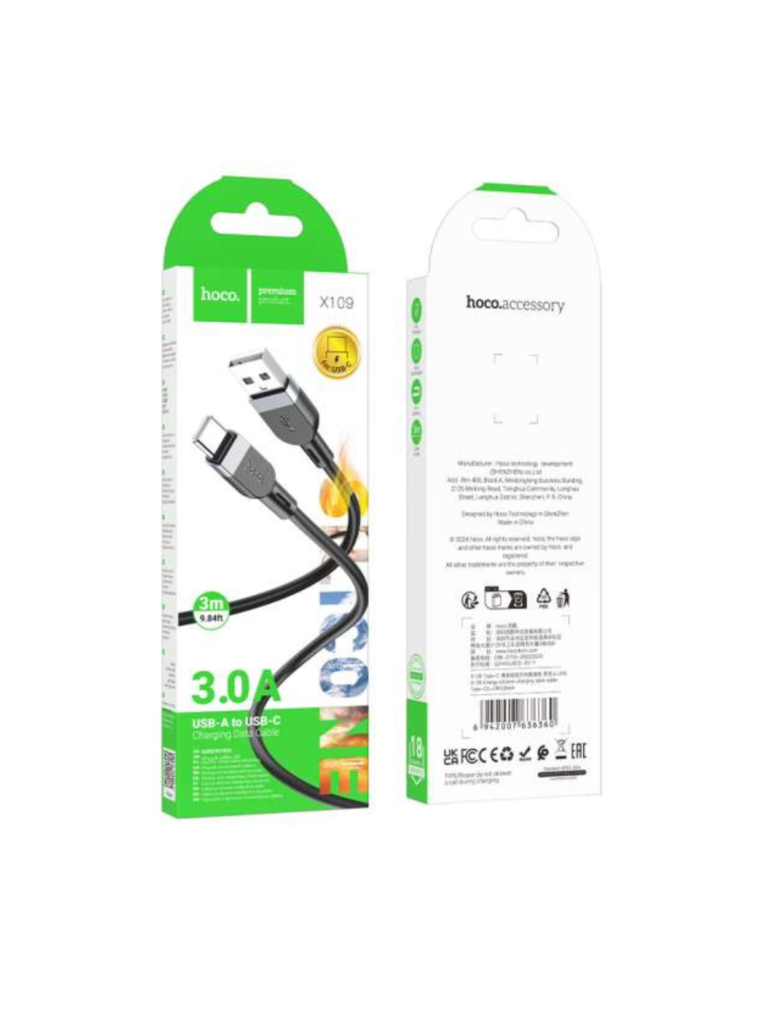 Кабель Hoco X109, для быстрой зарядки Type-C 3м, чёрный, силикон — фото 1