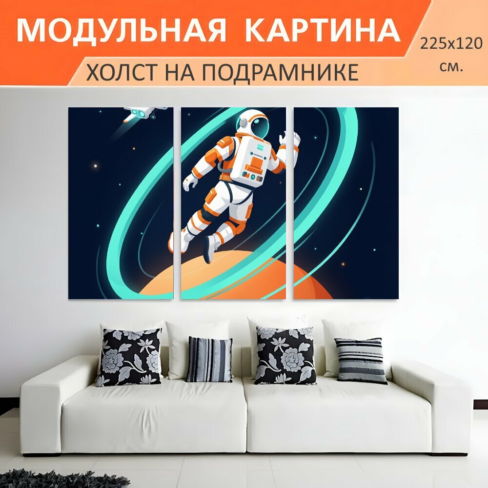Модульная картина на холсте "Космонавт у планеты в космосе. Футуристическая космическая сцена с астронавтом на орбите, рядом летит." триптих на подрамнике 225х120 см. для интерьера