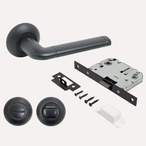 Изображение товара Комплект для сантехнической двери Аллюр поло, матовый черный, алюминиевый сплав, с замком, ручка на круглой розетке