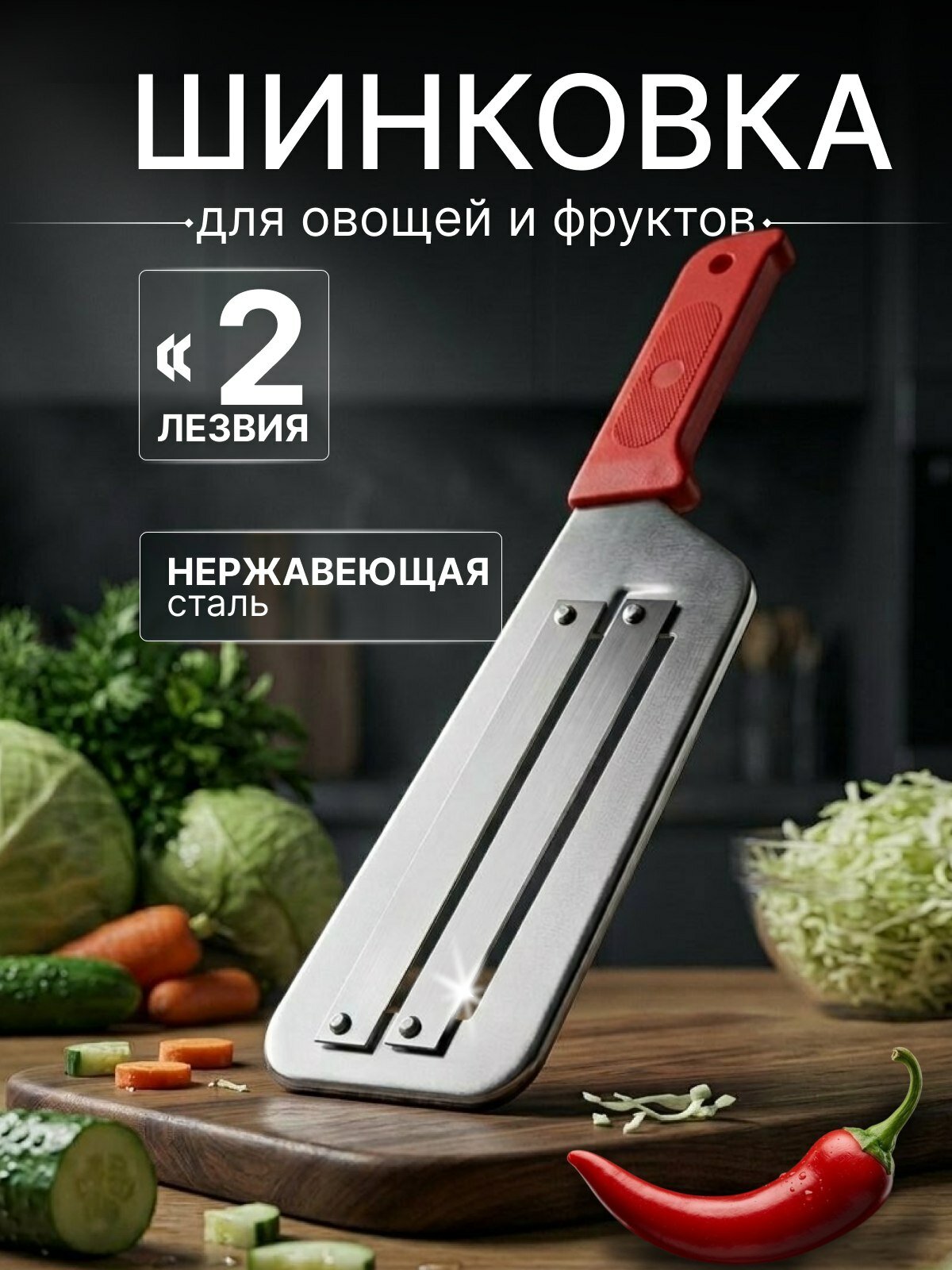 Шинковка для капусты, овощей и фруктов ручная, Капусторезка, Нож с двумя лезвиями