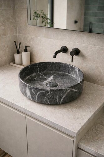 Изображение товара Раковина накладная для тумбы в ванную 35x35 Круг фарфоровая под темно серый мрамор Aurastone