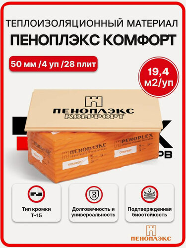 Изображение товара Пеноплекс Комфорт 50 мм ( 4 уп / 19,4 м2 / 28 плит) утеплитель из пенополистирола для стен, крыши, пола