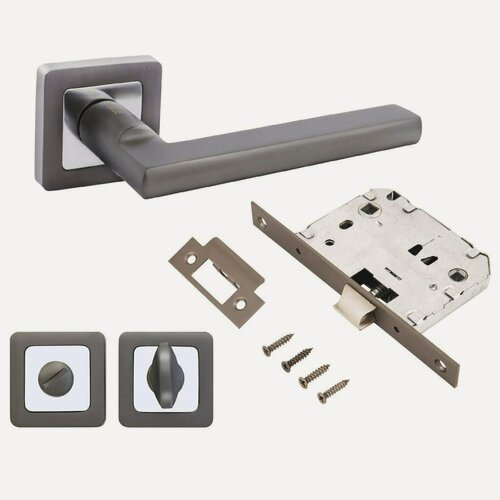 Изображение товара Комплект для сантехнической двери Аллюр венсан 14666, ручка на квадратной розетке с замком, цвет графит, алюминиевый сплав