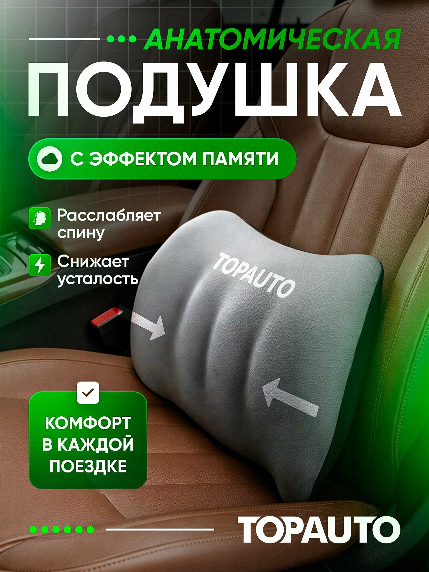 Автомобильная подушка под поясницу анатомическая с эффектом памяти на сиденье и спинку кресла, серая