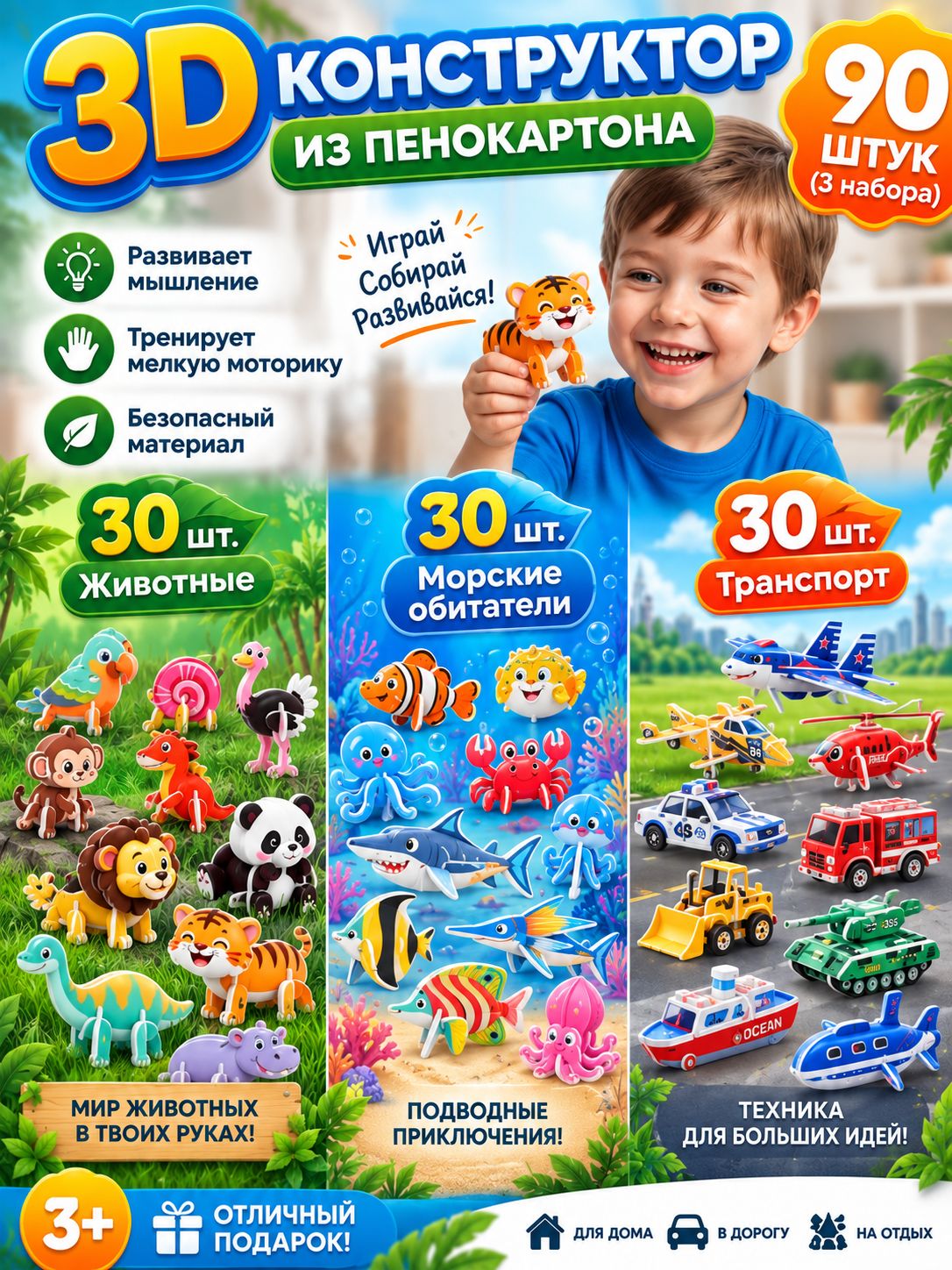 3D-конструктор из пенокартона для детей, 90 деталей, 3 набора в 1, животные, морские обитатели и транспорт, развивающая игрушка 3+