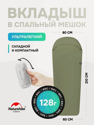 Изображение товара Naturehike Вкладыш в спальный мешок, 210 см, 128 грамм, зелёный