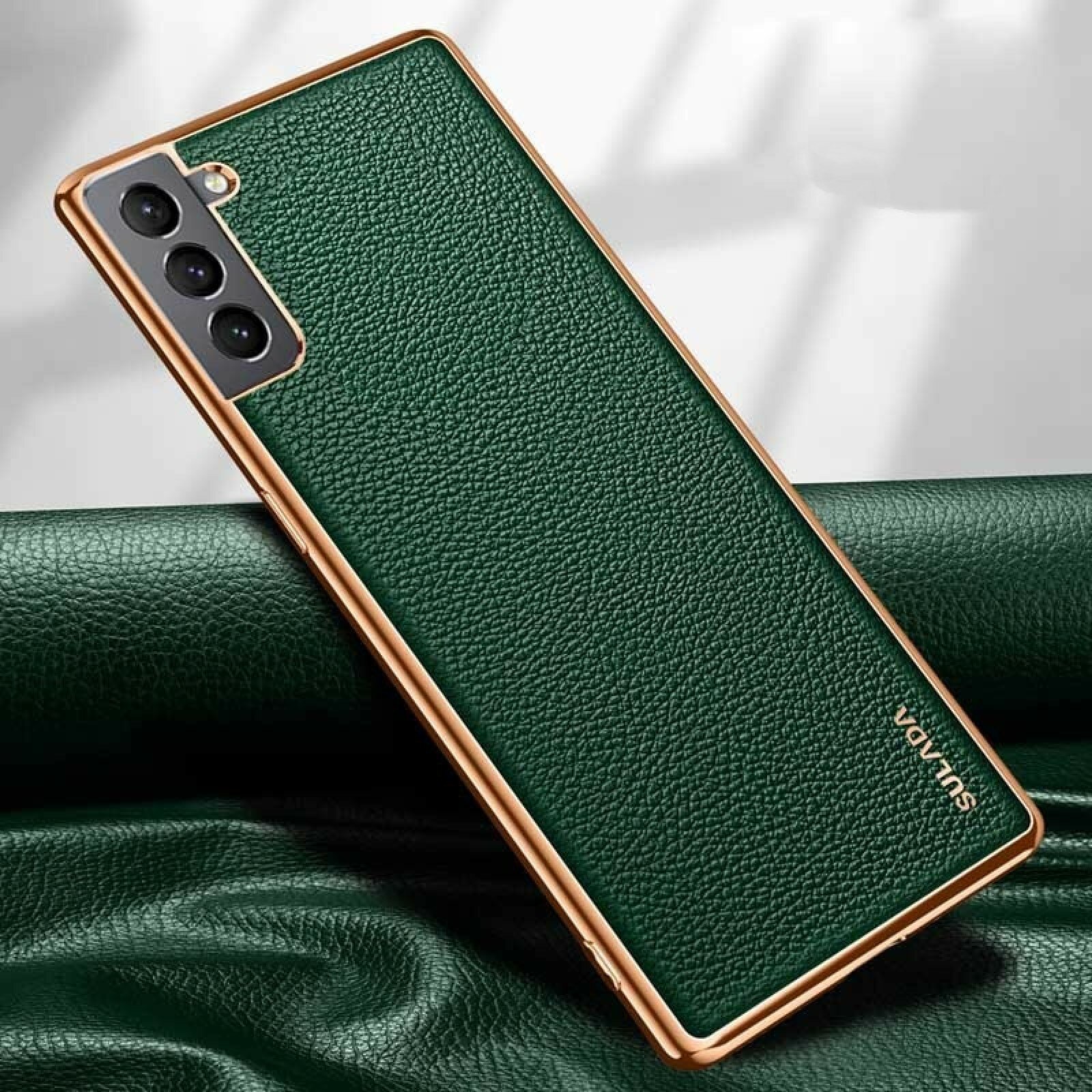 Чехол-бампер MyPads Metallo Reale для Samsung Galaxy S22 Plus+ с металлической основой и кожей, зеленый