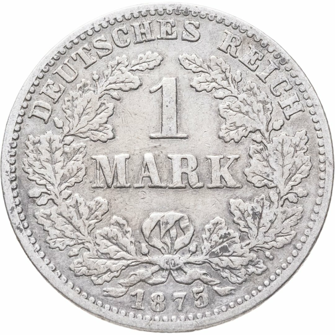 Германия 1 марка 1875 Знак монетного двора: "G" - Карлсруэ, Серебро 900, в сохранности VF