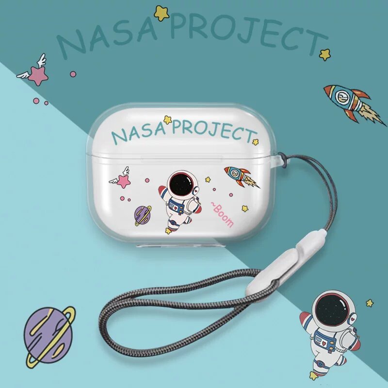Чехол для наушников Miniso K66 Pro прозрачный TPU с принтом Астронавт и ремешком для Bluetooth