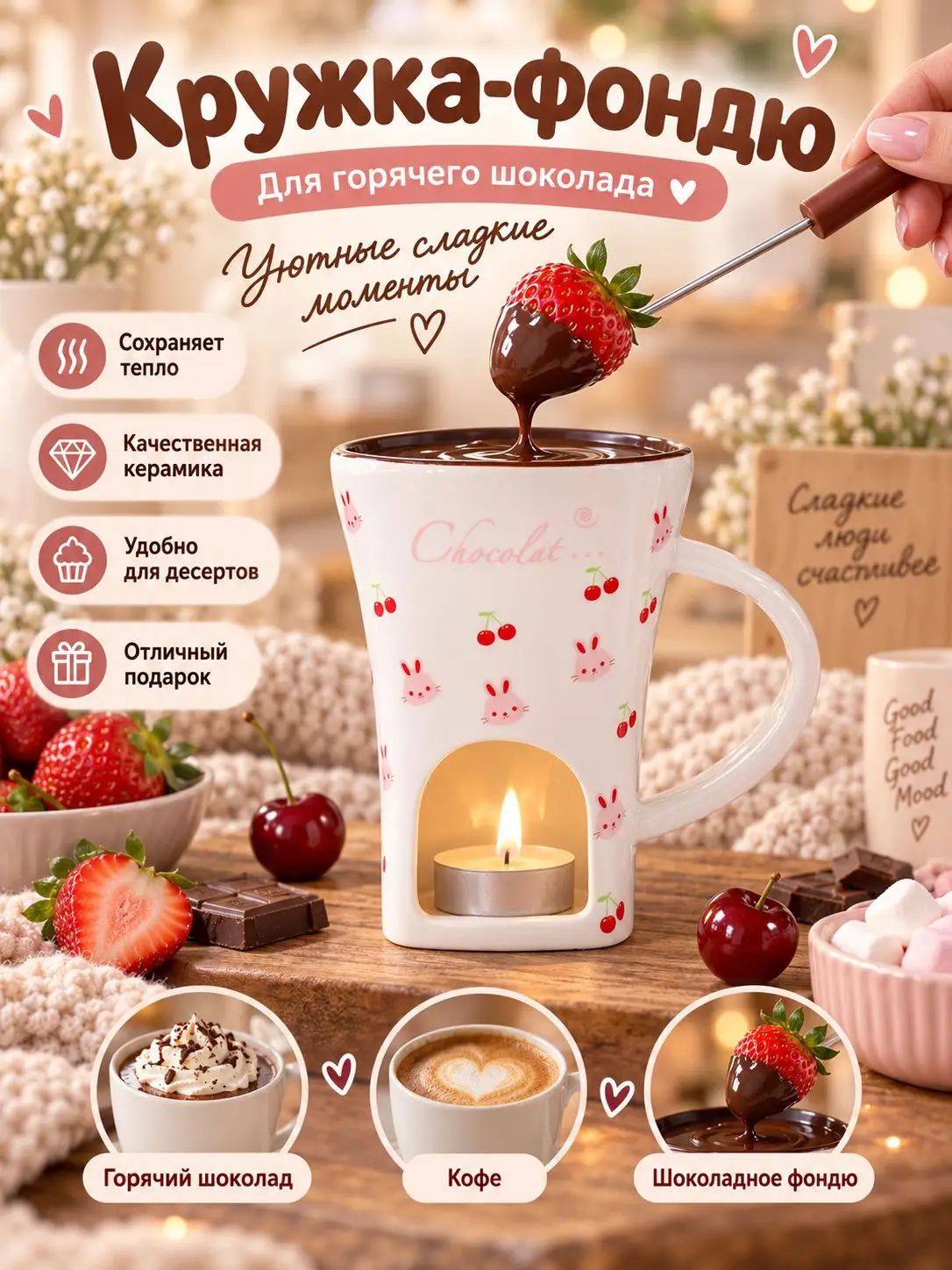 Набор для фондю 0.15 л, шпажек 2, керамика, разноцветный