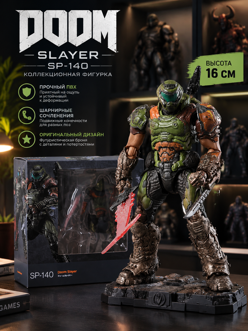 Коллекционная фигурка Doom Slayer SP-140 в броне с оружием и боксом, высота 16 см