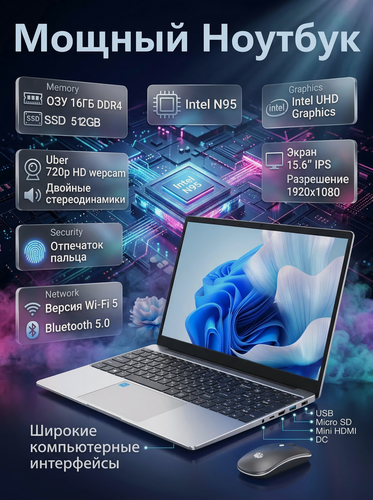 Изображение товара Премиальный ноутбук для работы и учебы 15.6 экран, Intel Processor N95, 16GB RAM, SSD 512GB, Windows 11 серебристый
