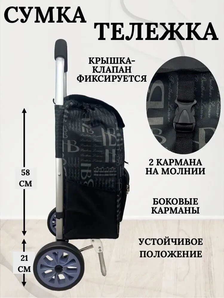 Универсальная сумка-тележка для покупок, модель X084, 45 см ширина, черный цвет, алюминиевая рама — фото 1