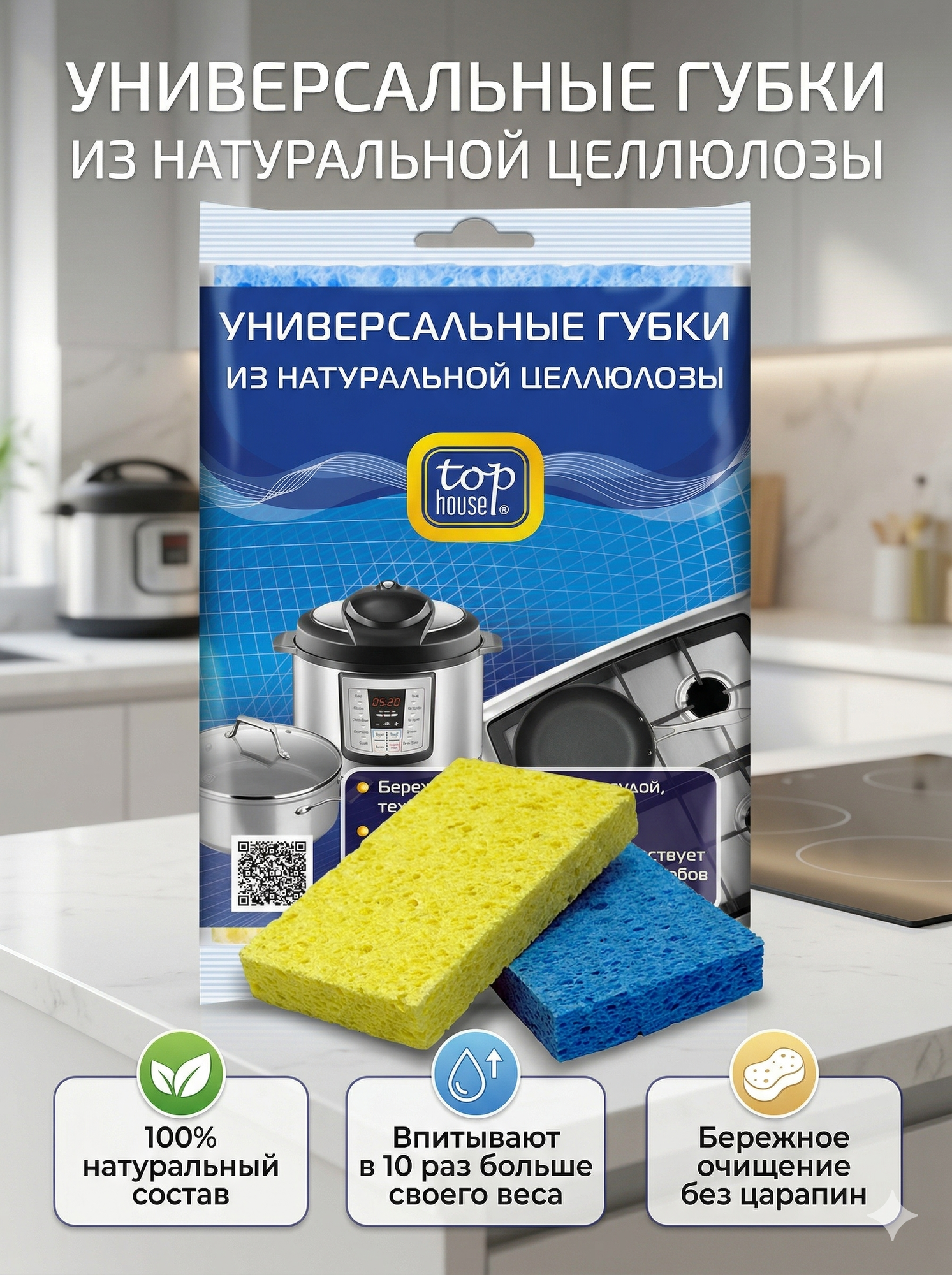 Универсальные губки TOP HOUSE из натуральной целлюлозы, 2 шт.