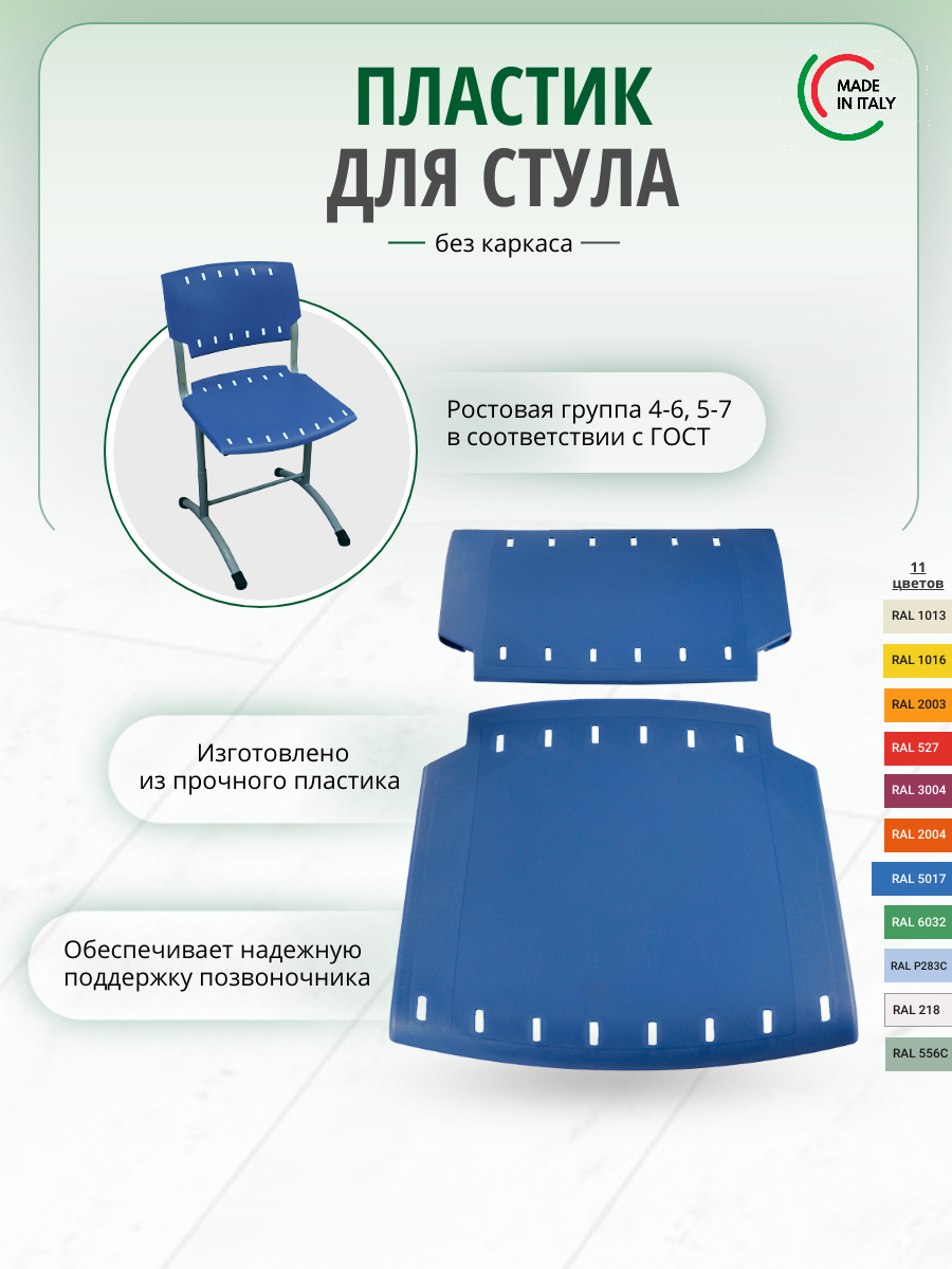 Пластиковое сидение и спинка для стула, каркасов школьной мебели и каркасов изо (Италия)