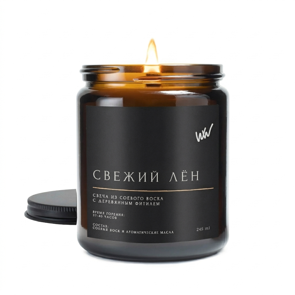 Свеча ароматическая WHALEWAY "Свежий лен", соевый воск/деревянный фитиль, 245 ml