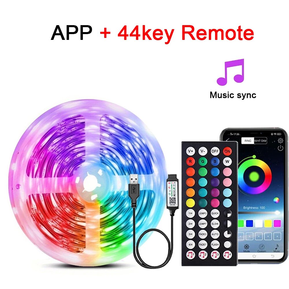 RGB лента светодиодная 5м, APP + 44key, Music sync