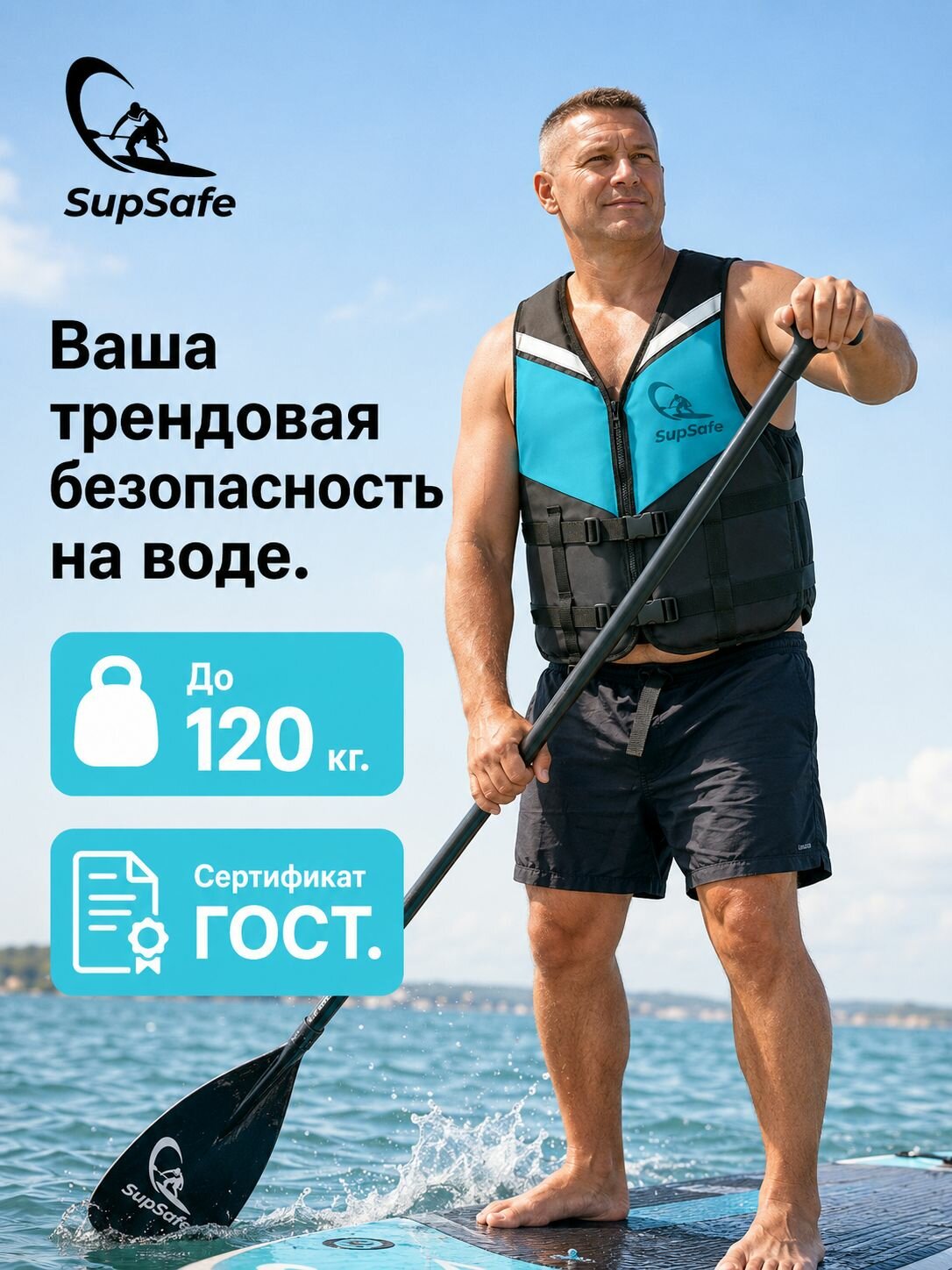 Спасательный жилет для сапборда и водного спорта SupSafe, страховочный жилет с паховым ремнем до 120 кг, размер 52-54, черно-бирюзовый