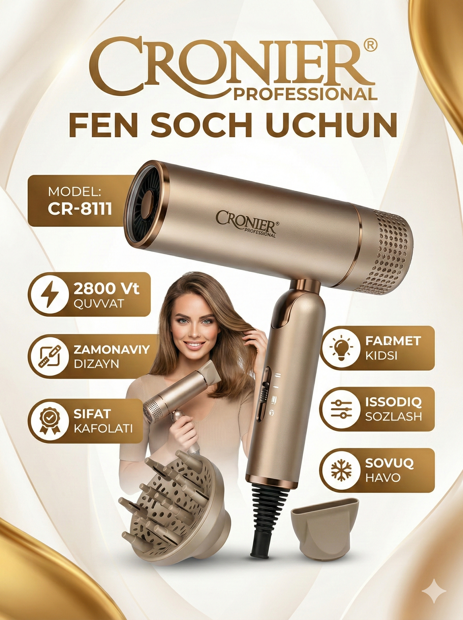 Профессиональный фен для волос CRONIER, для сушки и укладки с ионизацией ,3in1