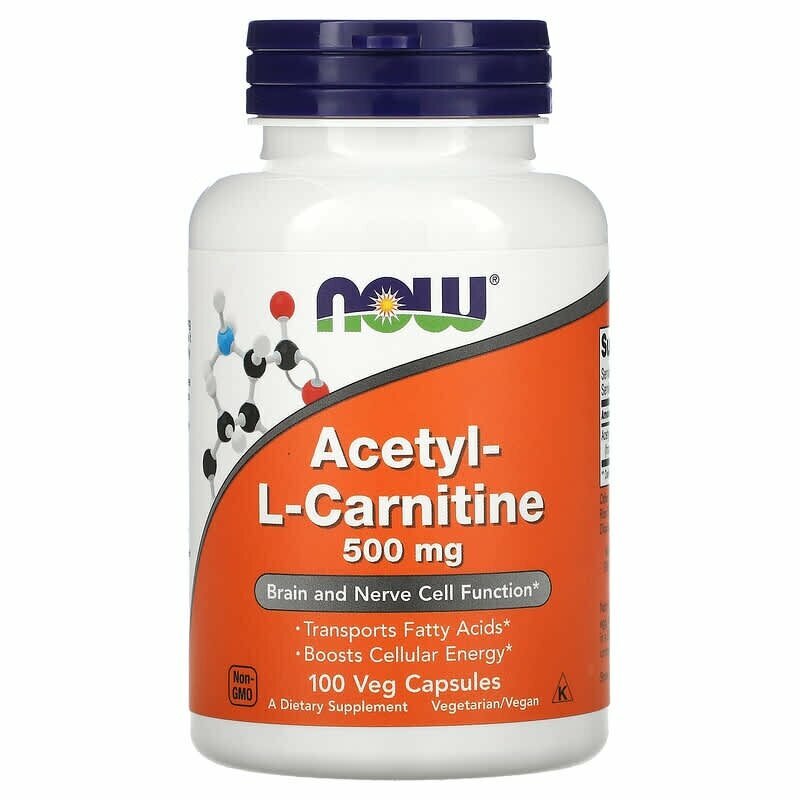 Acetyl L-Carnitine 500 mg NOW N100 — энергия мозга, памяти и поддержка обмена