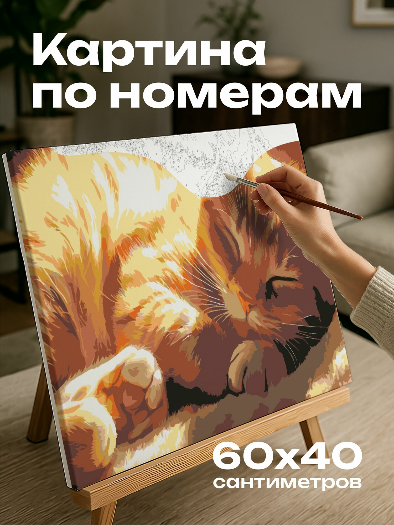 Картина по номерам 60x40 см, Кот, плюшевая подушка, мурлыкающий, солнечные лучи, отблеск, уютная атмосфера, рыжий