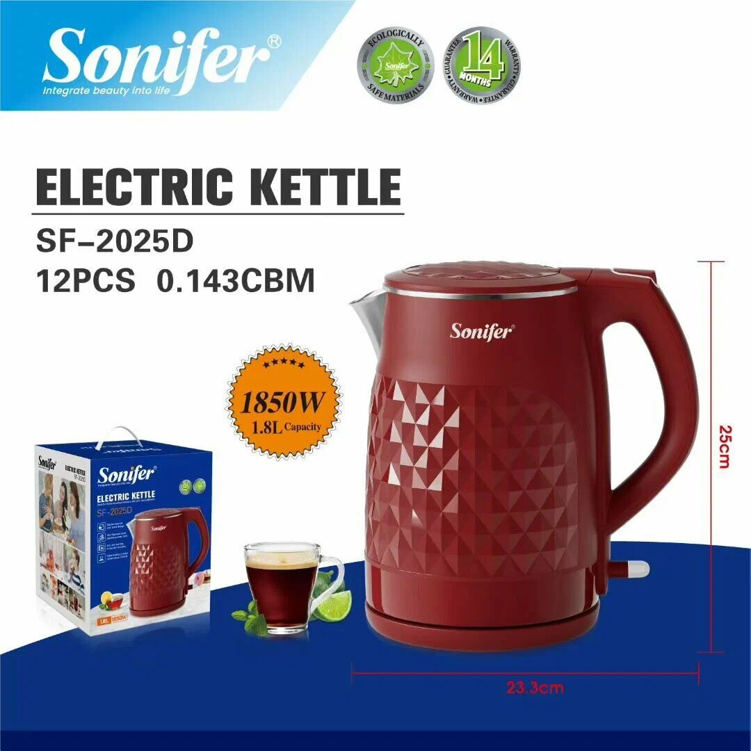 Чайник Sonifer SF-2025D, металл/пластик, 1.8 л, блокировка без воды