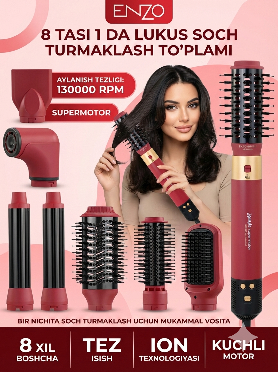 Профессиональный фен стайлер для волос Enzo , 8в1, 1500вт , SUPERSONIC