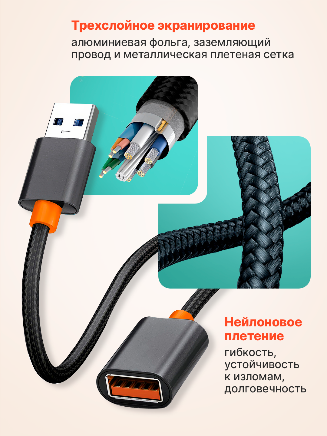 Переходник удлинитель USB AM/AF 1.5 м, кабель USB 2.0 OTG для ПК и ноутбука — фото 1