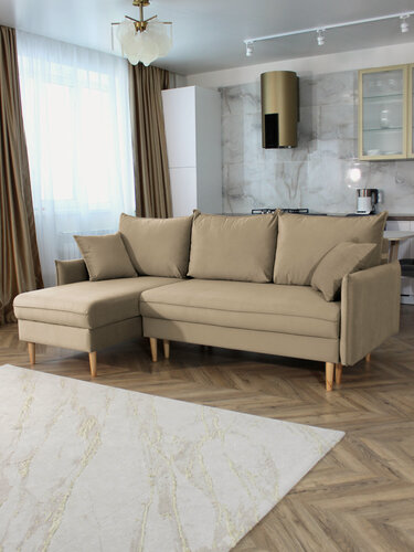 Изображение товара Диван-кровать угловой Фьорд с оттоманкой бежевый, левый угол, механизм Тик-так, 216х145х95 см