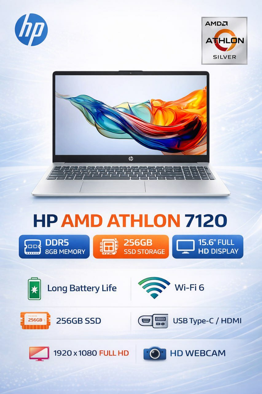 Ноутбук HP AMD ATHLON, 7120U, DDR5, 8GB, 256GB, 15,6", FHD, SILVER, WINDOWS, 11