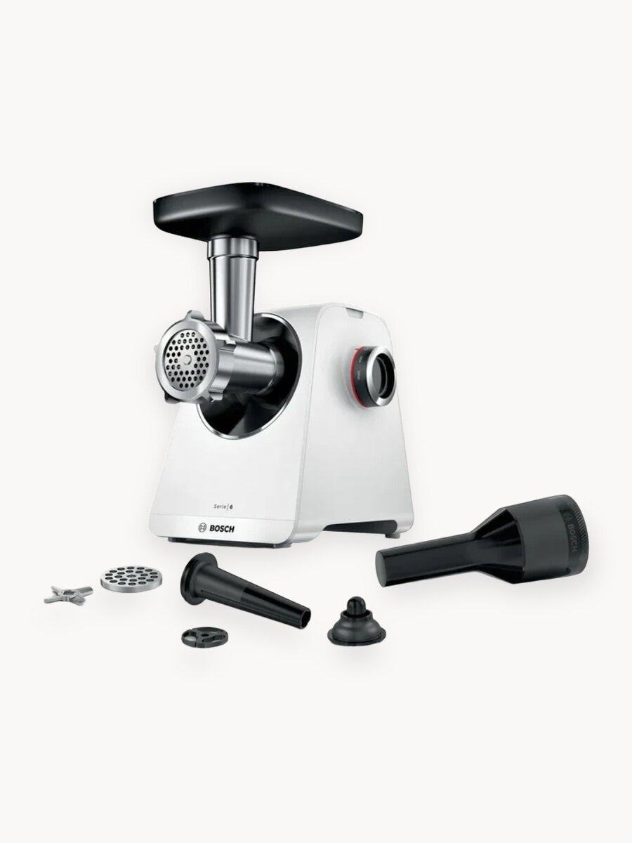 Bosch Мясорубка электрическая MFWS607W, Serie 6, 2100 Вт, 3,5 кг/мин, 4 насадки, планетарный редуктор, для колбас, белая