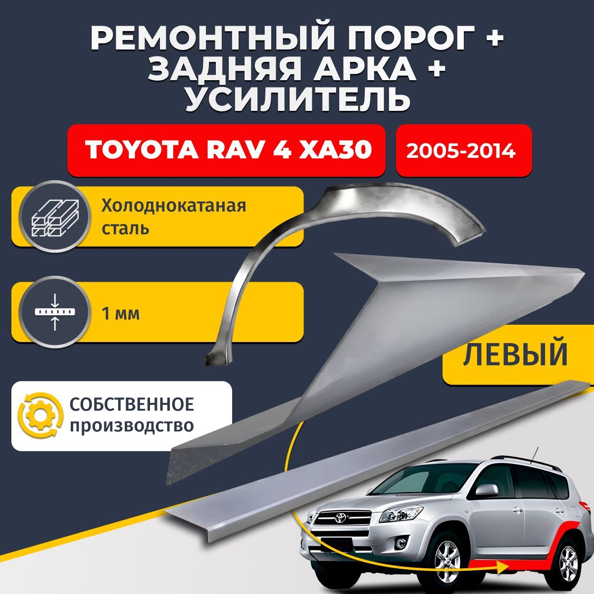 Левая ремонтная задняя арка (0,8 мм) и левый ремонтный стандартный порог (1 мм) + усилитель (1мм) на Toyota RAV4 XA30 2005-2014 внедорожник 5 дверей (Тойота РАВ4). Материал холоднокатаная сталь.