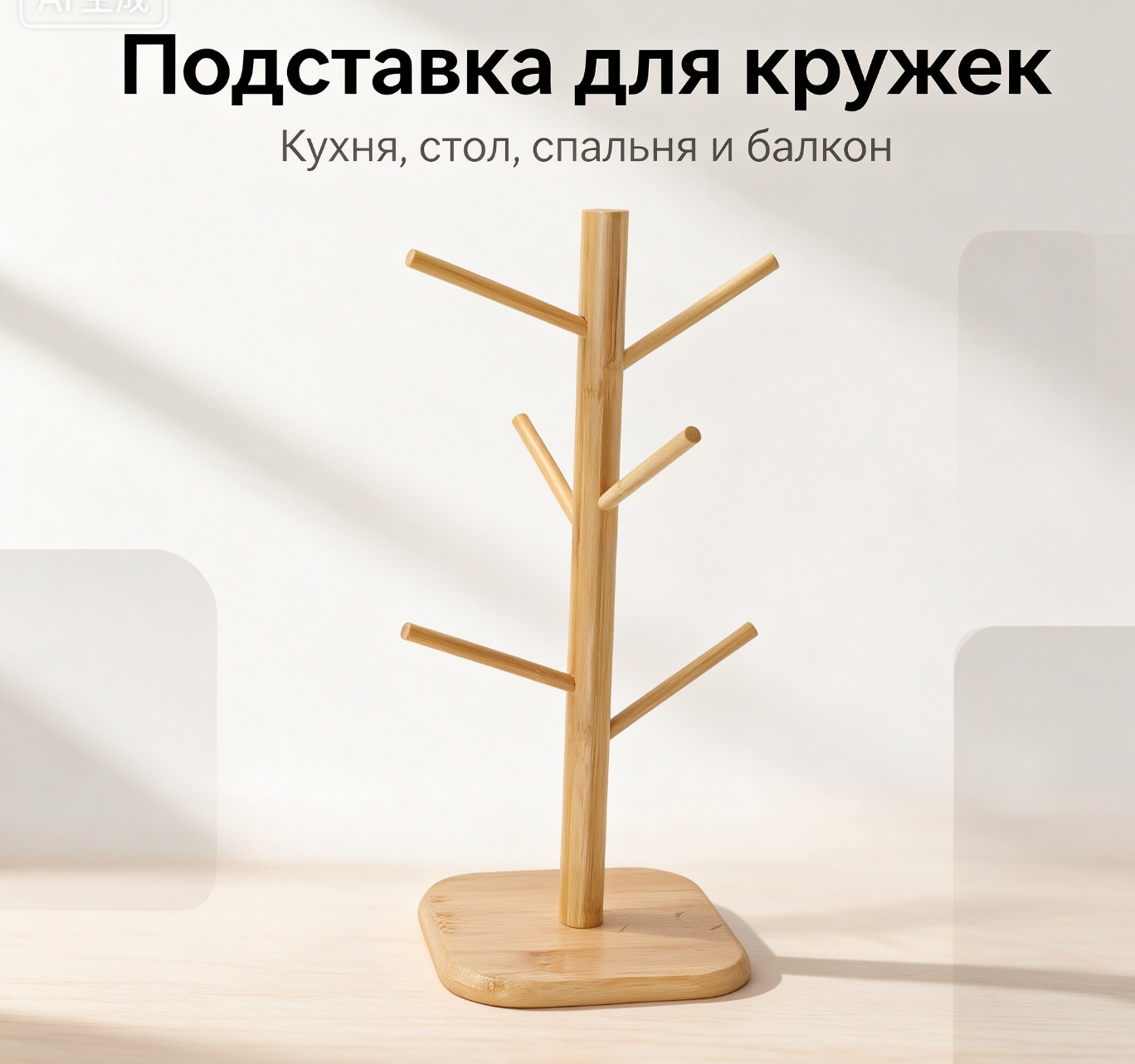 Светлая бамбуковая подставка для кружек на квадратном основании, 6 крючков для кухонной столешницы