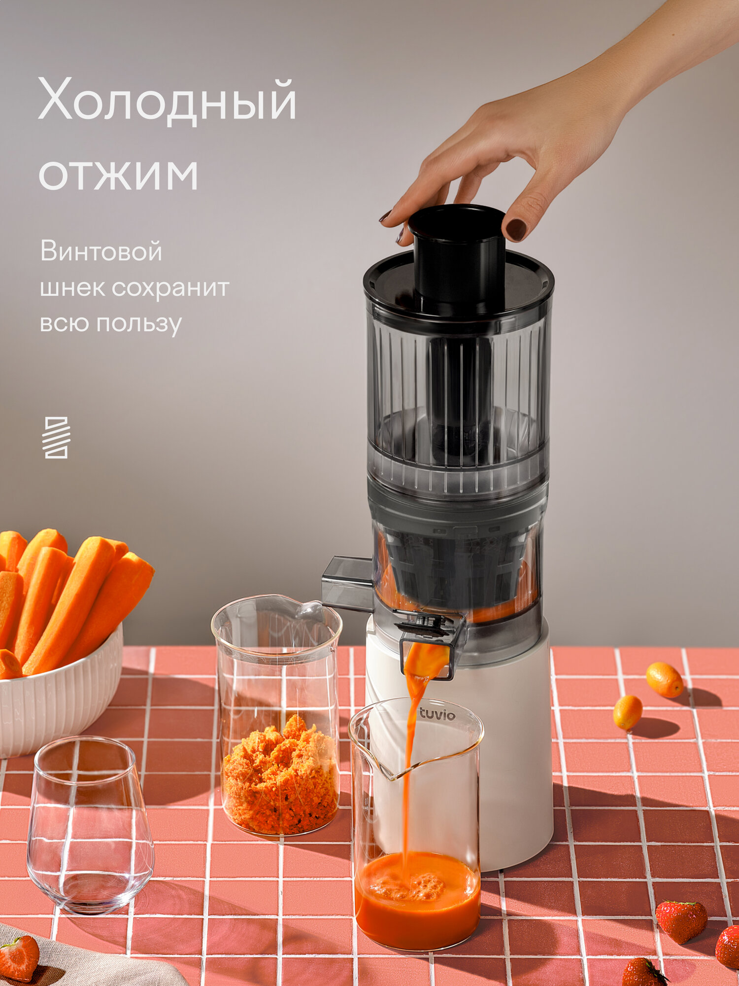 Шнековая соковыжималка с бессеточным фильтром Tuvio TJ04PM, бежевая — фото 1