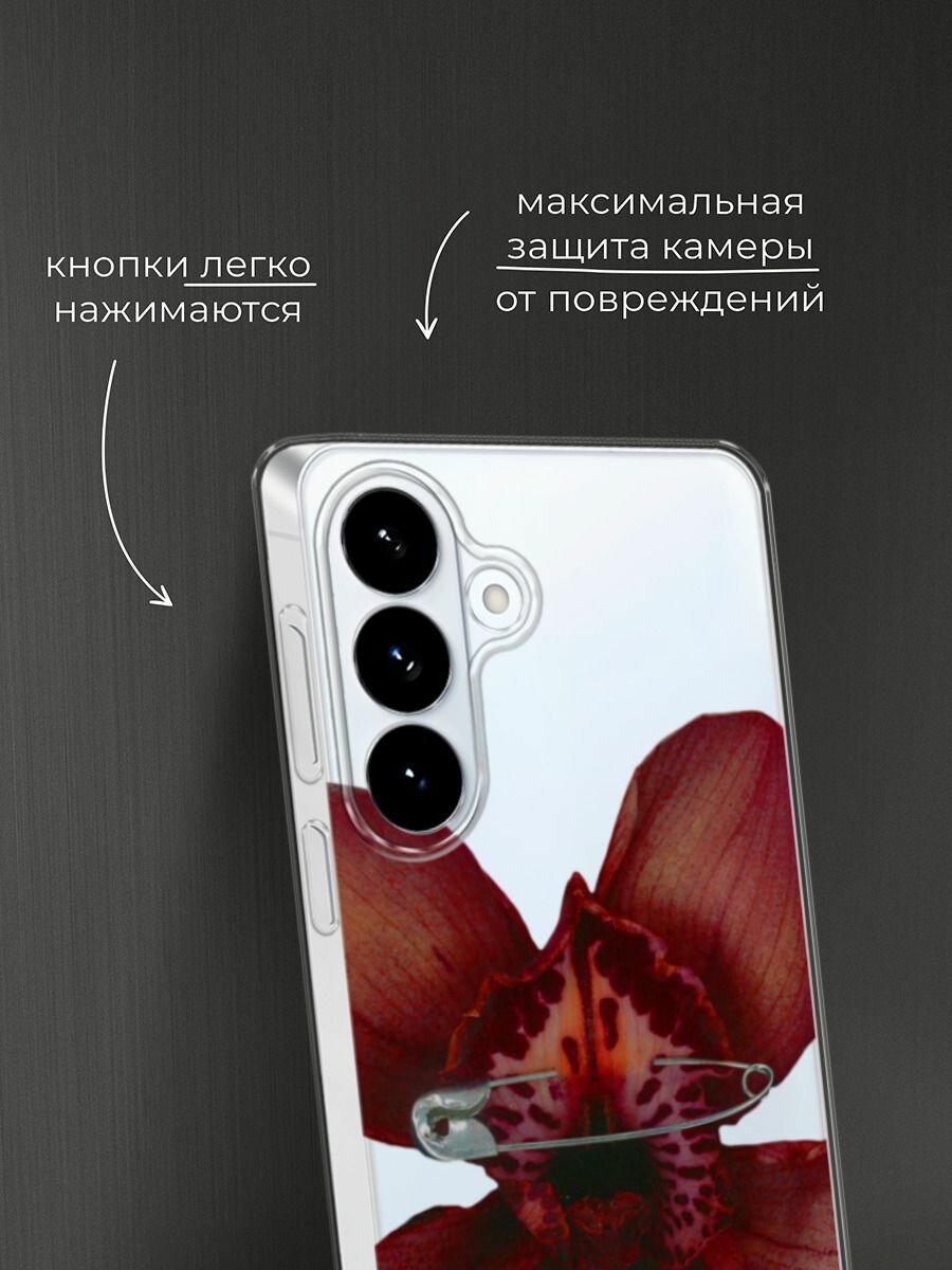 Чехол на Samsung S26 Plus / Самсунг S26 Плюс с принтом Красная орхидея с булавкой 3, прозрачный — фото 1