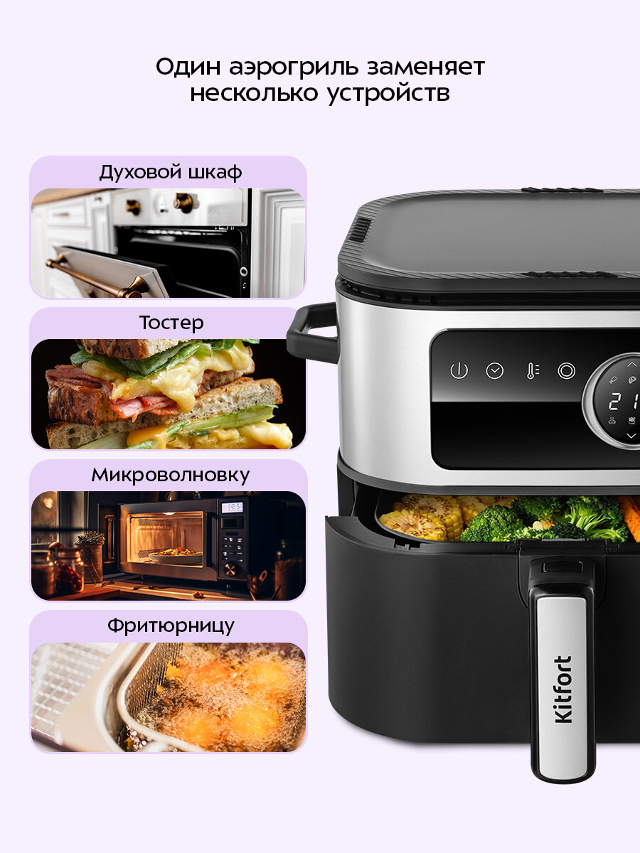 Аэрогриль Kitfort КТ-8127, "2 в 1", 1930 Вт, 6 автоматических программ — фото 1