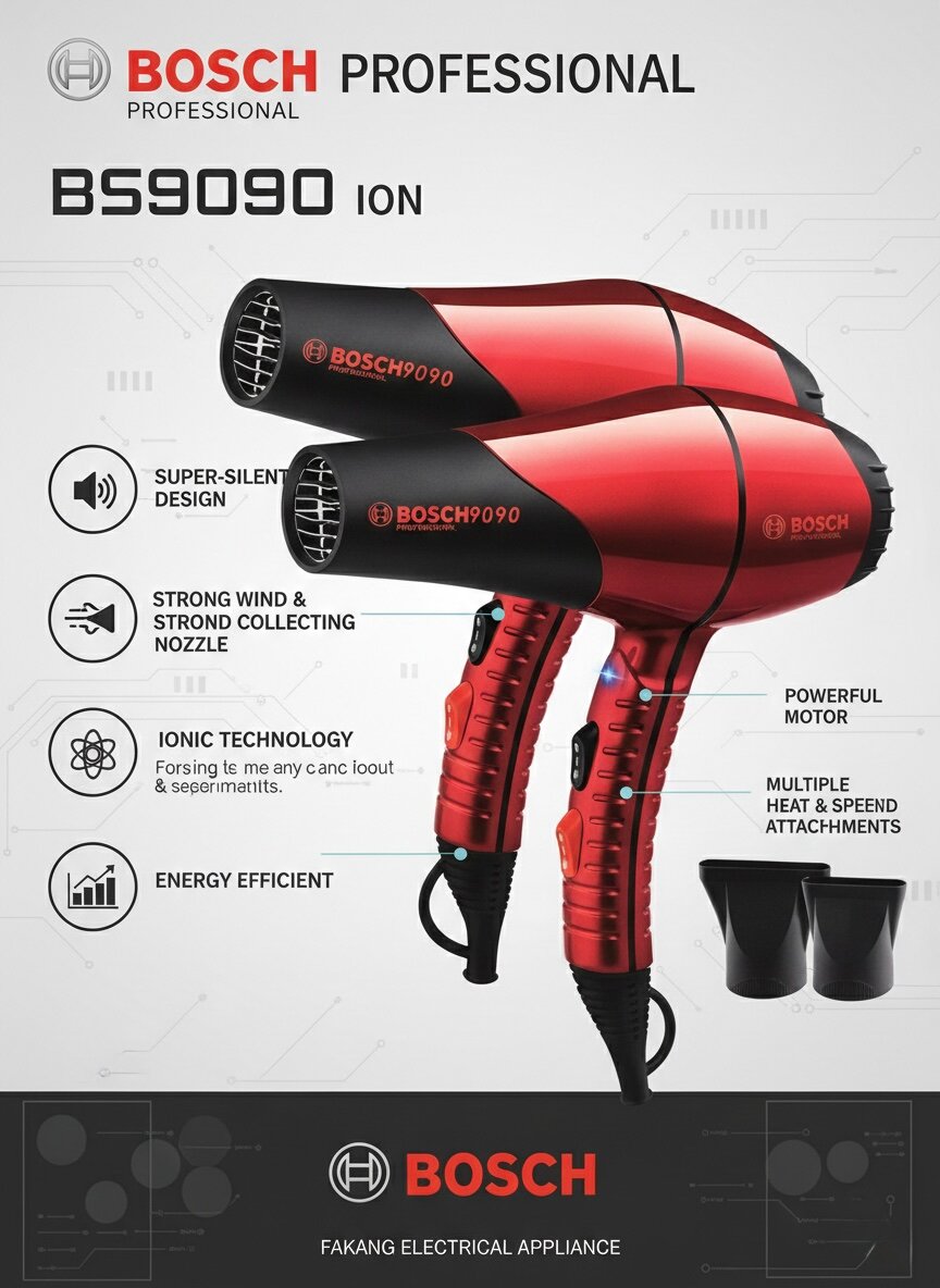 Фен Bosch BS9090 профессиональный, ионный, с мощным потоком воздуха, для салонов красоты.