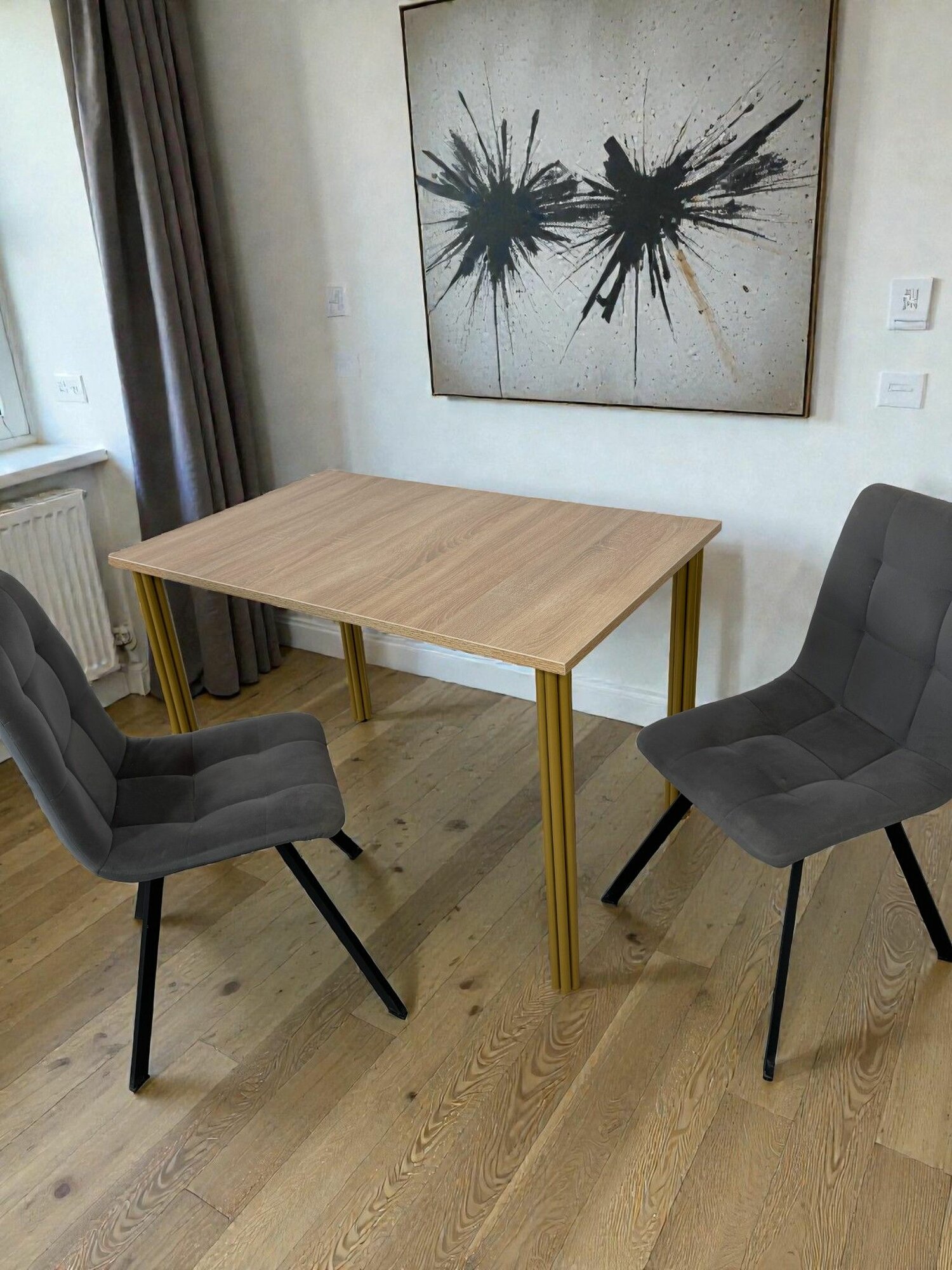 Дизайнерский стол обеденный/ цвет Дуб Сонома, 110*70 см. Ножки золото.