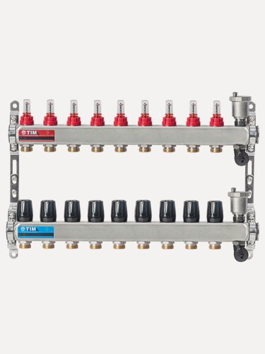 Изображение товара Коллекторная группа 9 контуров с расходомерами 1" * 3/4" E, с дренажными кранами и воздухоотводчиками нерж. сталь, TIM, KCS5009