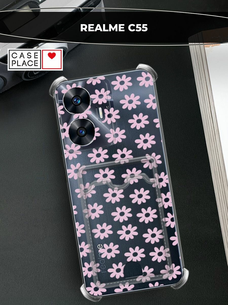 Чехол на Realme C55 (Реалми C55) с картой и принтом Розовый цветочный узор