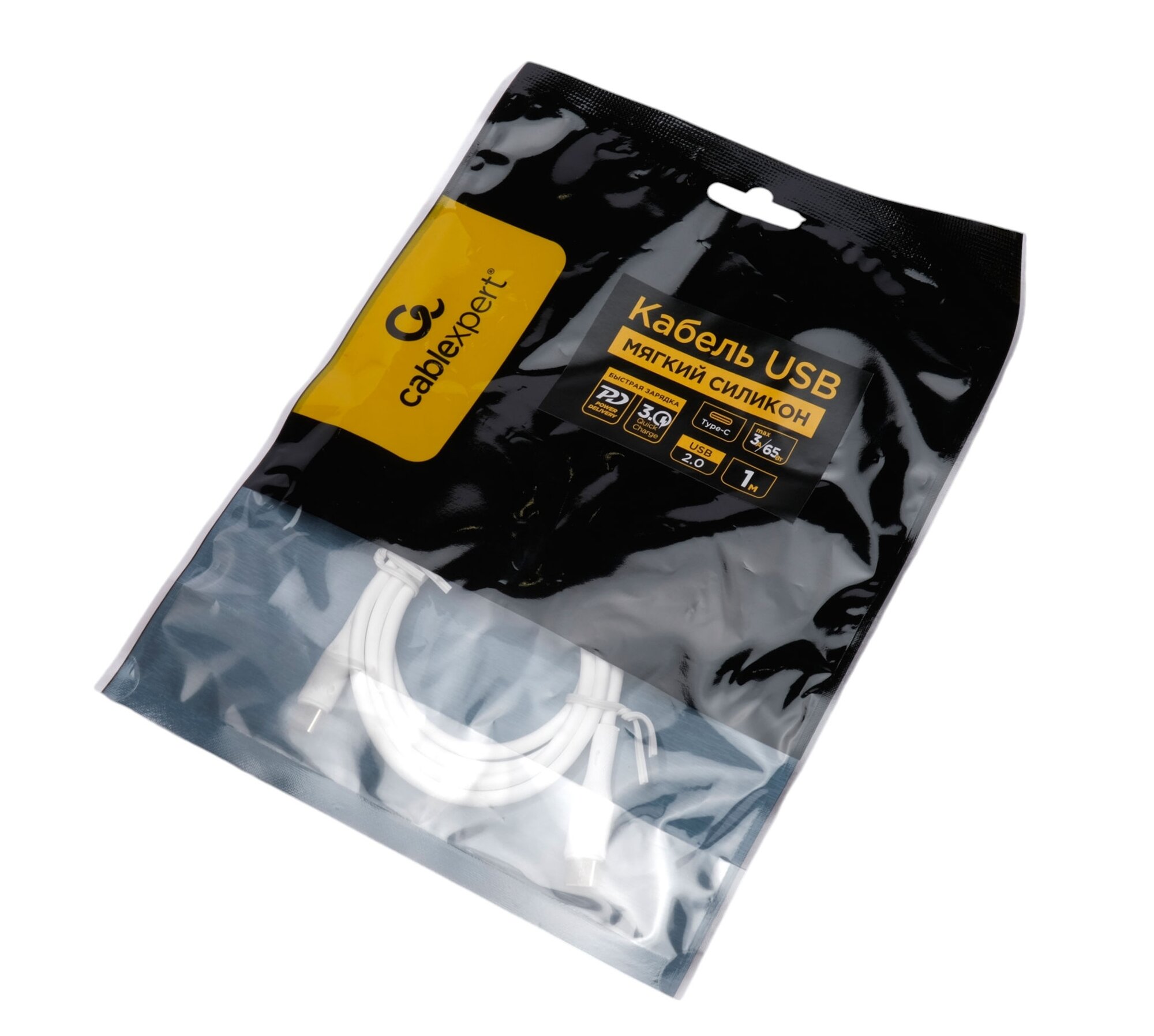 Кабель USB2.0 Cablexpert CC-USB2S-CMCM-1M-W Type-C/Type-C, 3А, 65Вт, PD/QC3.0, силиконовый, 24AWG, медь, 1м, белый, пакет