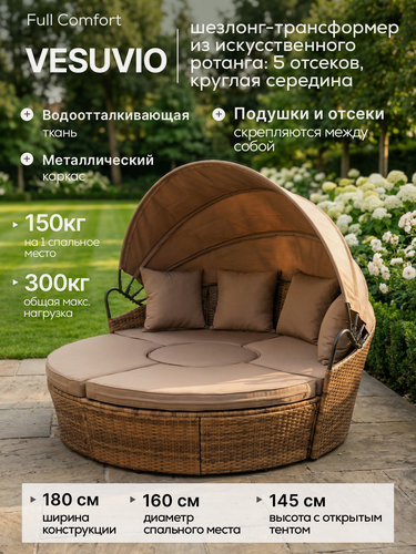 Изображение товара Шезлонг круглый садовый из искусственного ротанга Full Comfort - VESUVIO (180x145 см), 5 отсеков, коричневый