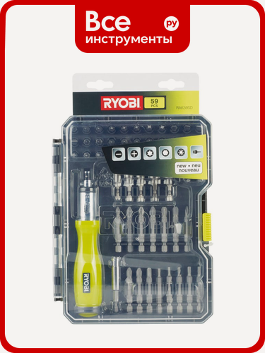 Изображение товара Отвертка с набором бит и торцевых головок 59шт Ryobi RAK59SD 5132002251