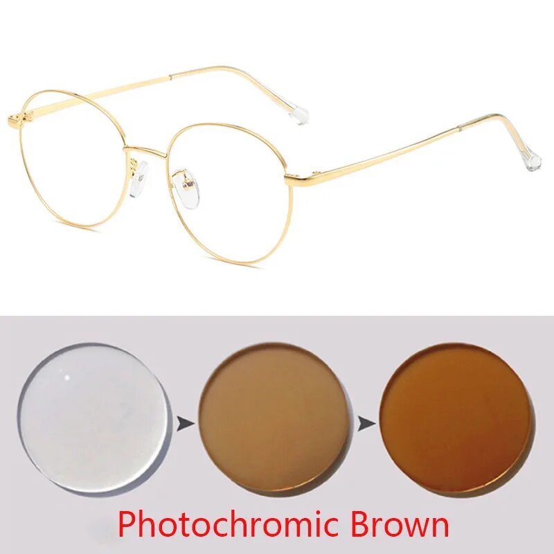 Фотохромные очки BINSYSU круглые, gold frame tea, Myopia -250