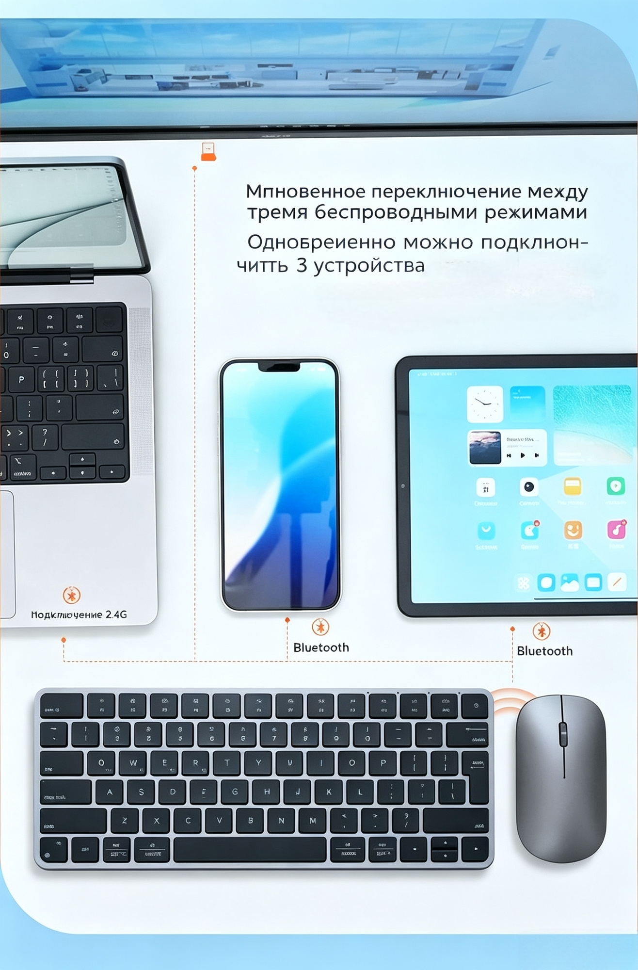 Беспроводной комплект клавиатура мышь Meetion K210, тонкий бесшумный набор для офиса, 4 режима DPI