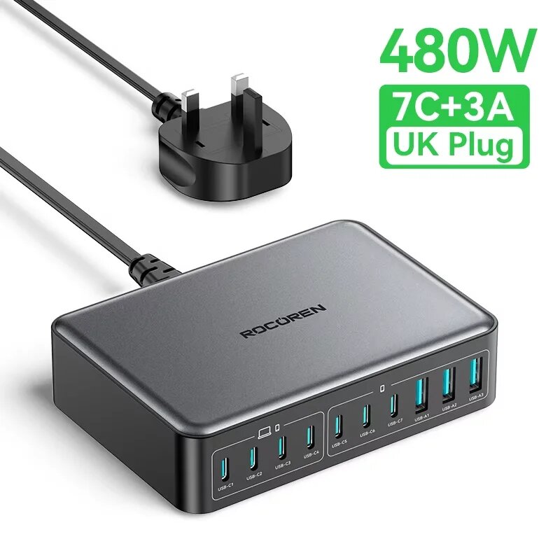 Зарядная Станция Rocoren 480W USB C С 10 Портами, Быстрое Зарядное Устройство Типа C Для UK Plug