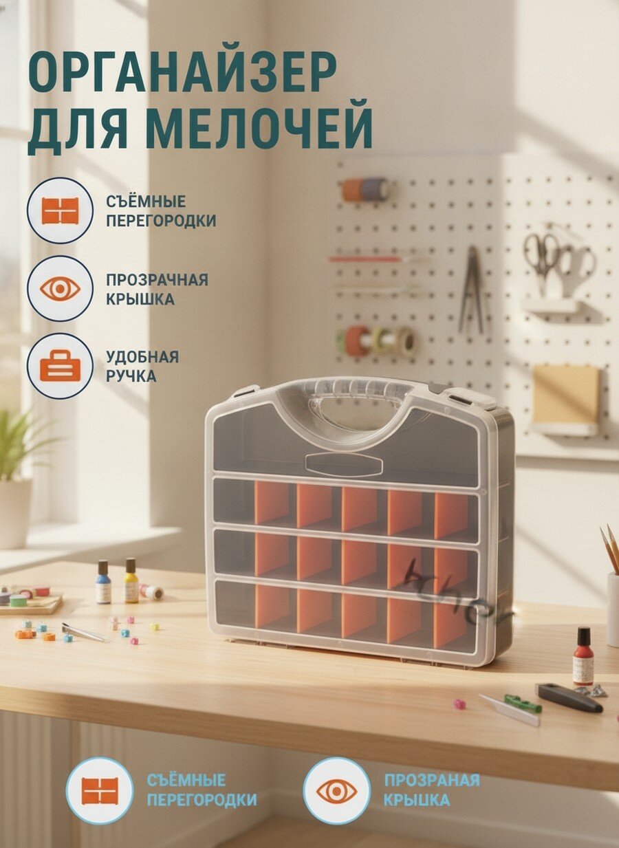 Ящик для инструментов пластиковый черный 25x21x4 см с ручкой и прозрачной крышкой, Съемные разделители, Материал ПП