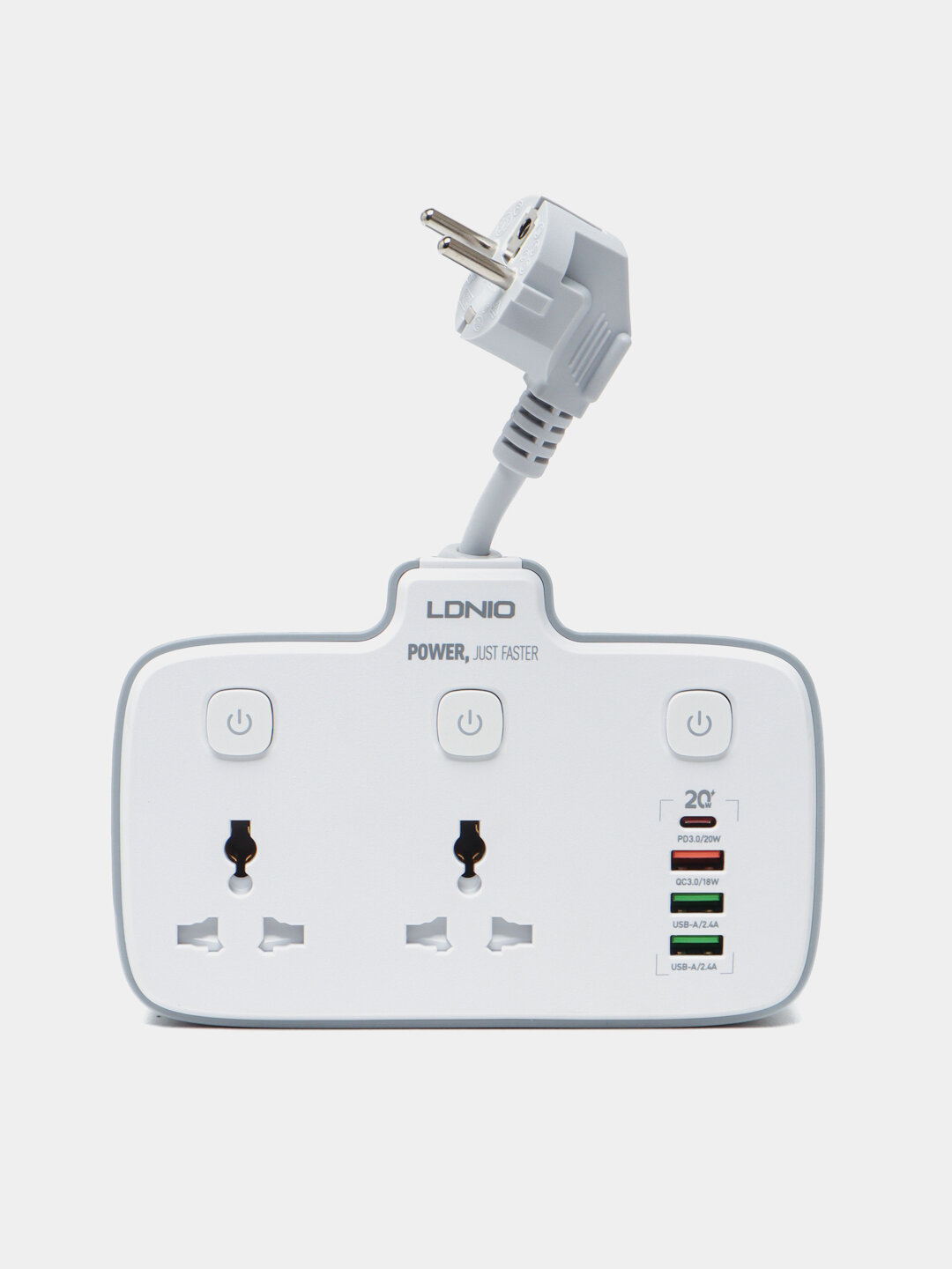 Разветвитель LDNIO SC2413, 2 розетки, 4 USB порта, быстрая зарядка QC3.0